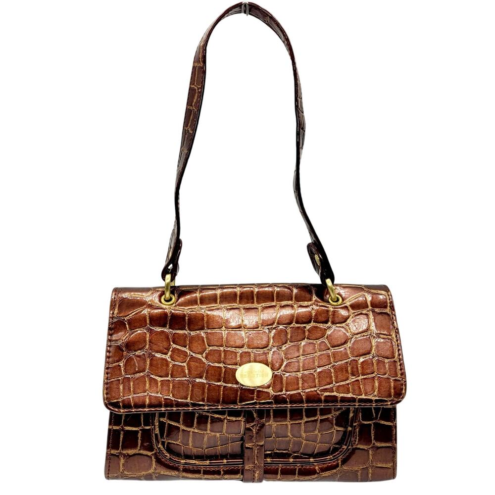Vintage Kenneth Cole Reaction Brown Leather Mini Croc Embossed Top Handle Bag